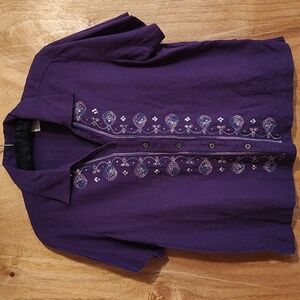 Capagallo Embellished Linen Blend Split Neck Blouse Purple Short Sleeve Size PL